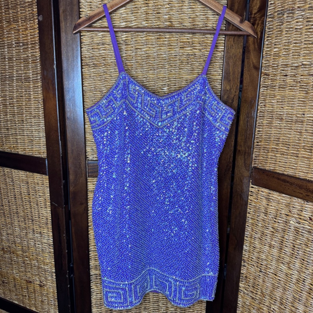 Attitudes by Debra Purple Sequin Beaded Greek Key Mini Dress NWT L Vintage Club